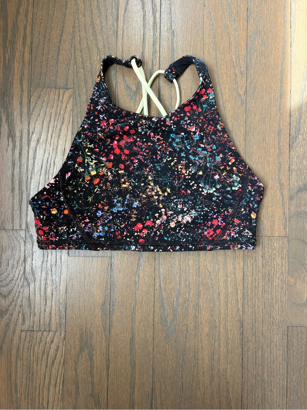 lululemon athletica Black Floral High-Neck Sports Bra with Cream Straps